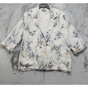 Vintage Joanna Sport Blazer Womens M Cream Blue Floral Flax Blend 3/4 Sleeve